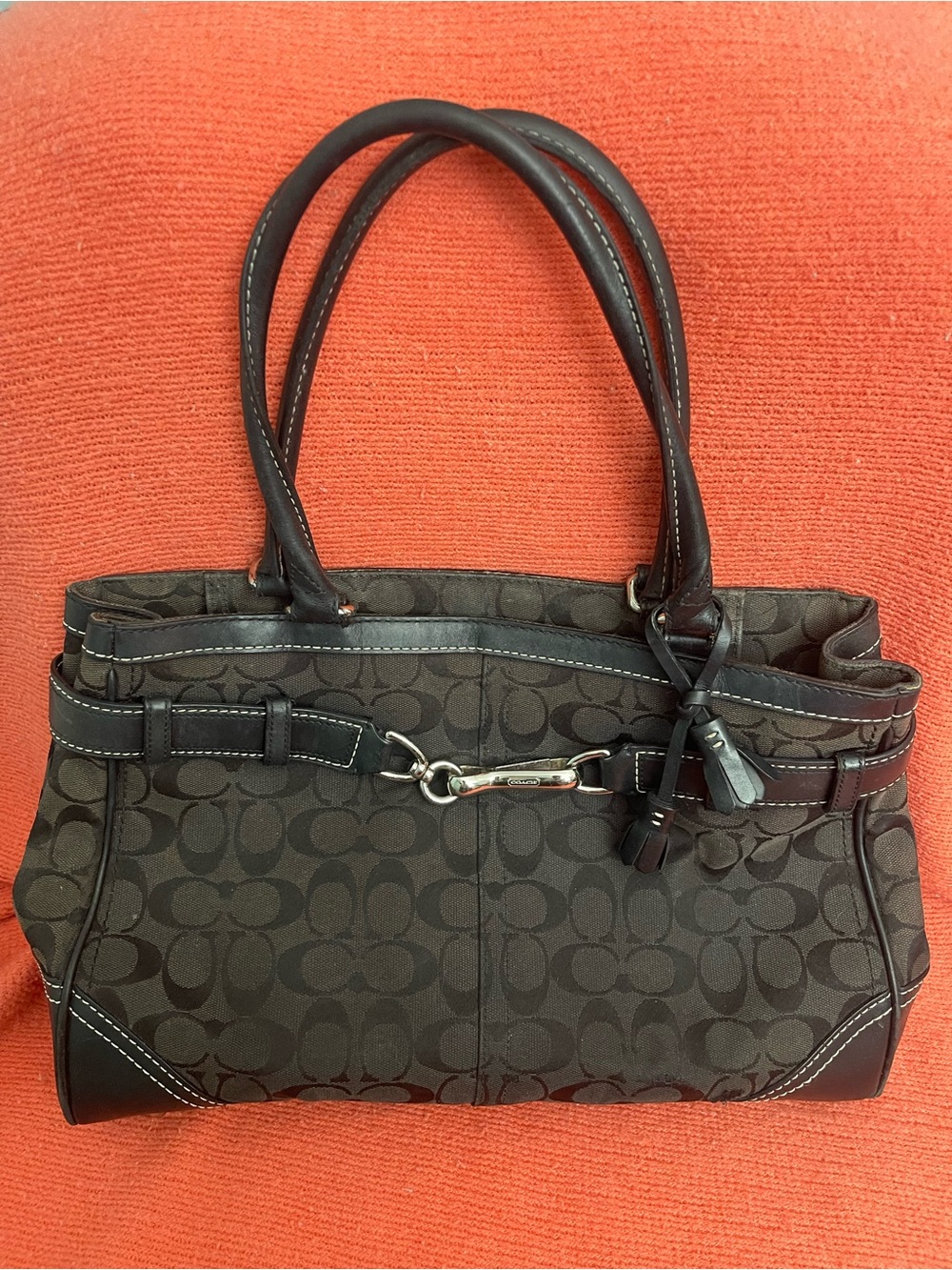 Coach Brown Signature Canvas Shoulder Bag with Leather Trim